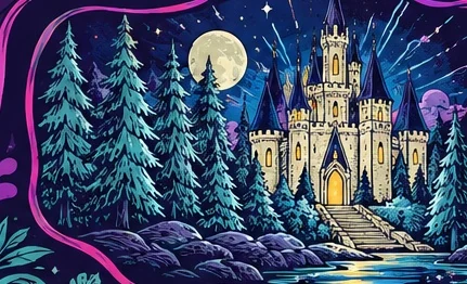 Illustrated gold castle surrounded by teal trees under the moon