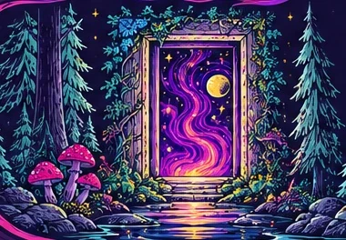 Illustrated rectangular psychedelic portal in a teal forest